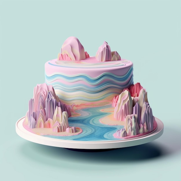 C'è una torta con sopra una montagna e un fiume generativo ai