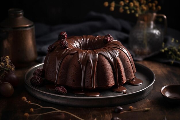 c'è una torta di cioccolato con glassa di cioccolate e bacche su un piatto generativo ai