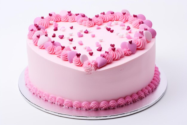 C'è una torta rosa con glassa rosa e cuori su di essa generativa ai