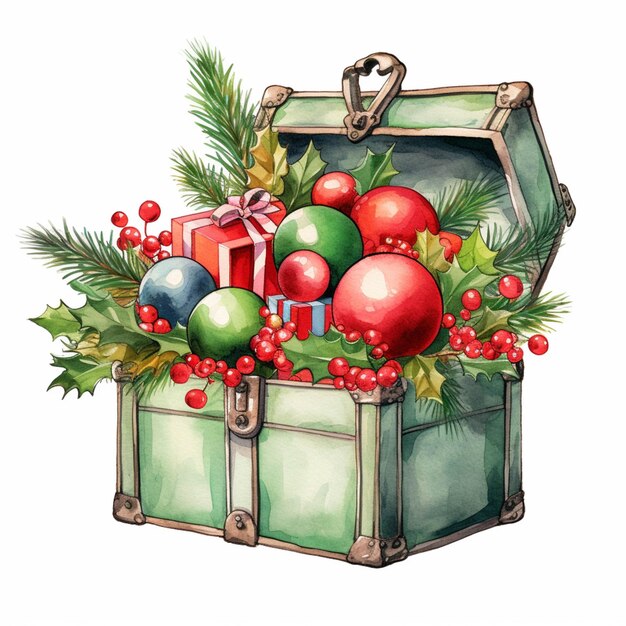 C'è una valigia verde con decorazioni natalizie e un regalo generativo ai