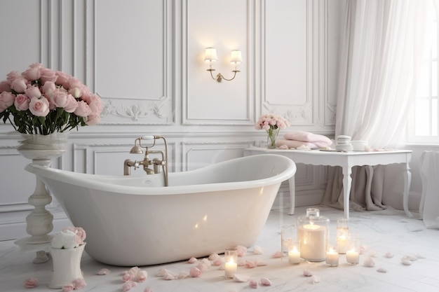 c'è una vasca da bagno con candele e fiori nel bagno generativo ai