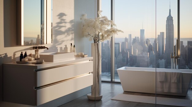 c'è una vasca da bagno e un lavandino in un bagno con vista sulla città generativa ai