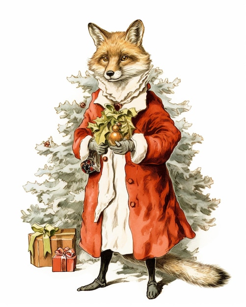 c'è una volpe vestita con un cappotto rosso e che tiene in mano un albero di Natale