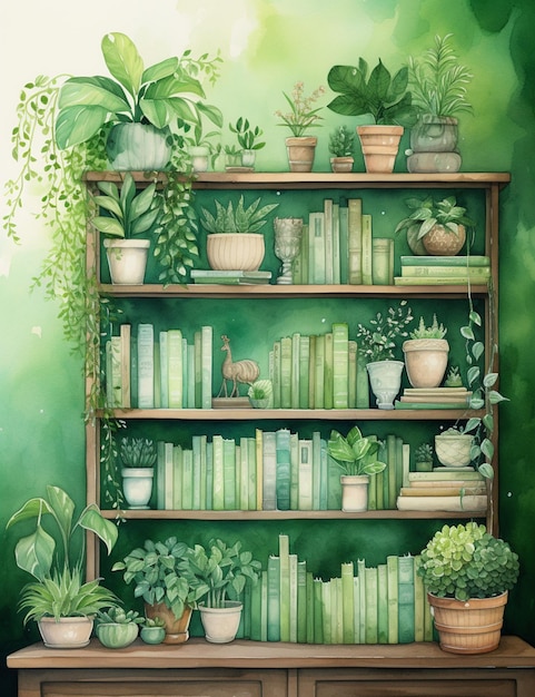 C'è uno scaffale con molti libri e piante su di esso.