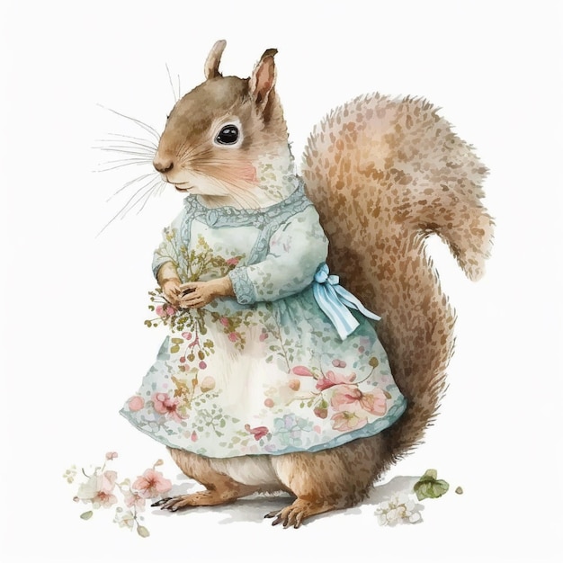 C'è uno scoiattolo che è vestito con un vestito e che tiene in mano un fiore generativo ai