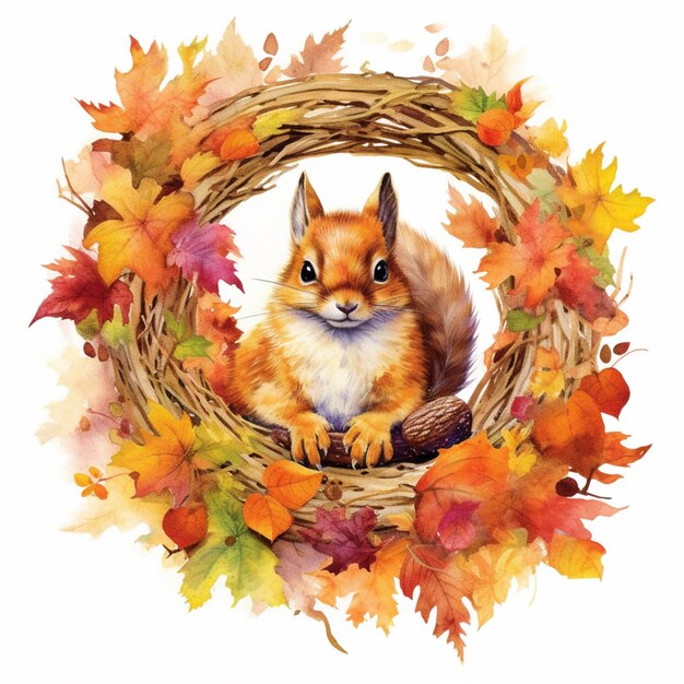C'è uno scoiattolo seduto in una ghirlanda di foglie generative ai
