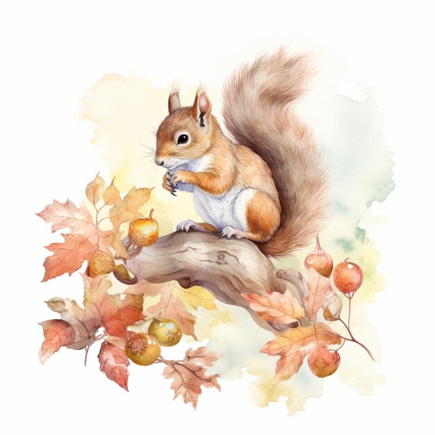 c'è uno scoiattolo seduto su un ramo con foglie e ghiande generative ai