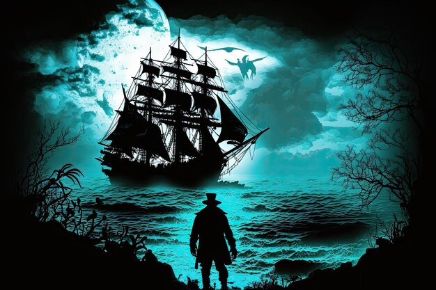 C'era una sagoma notturna di una nave pirata nera Luce paranormale in mare di notte