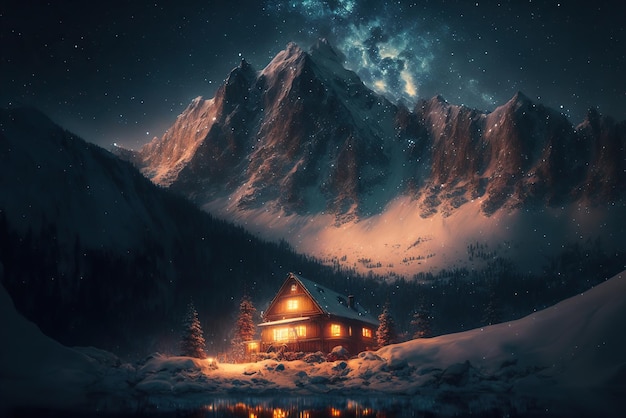 Cabina accogliente in montagna invernale con finestre illuminate Bellissimo paesaggio notturno