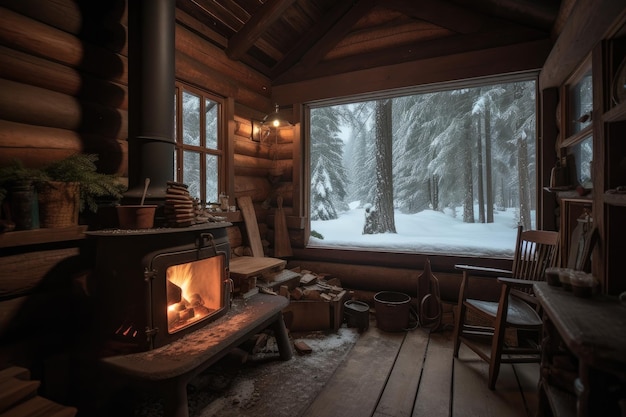 Cabina accogliente nel bosco con un fuoco caldo e cioccolata calda creata con l'IA generativa