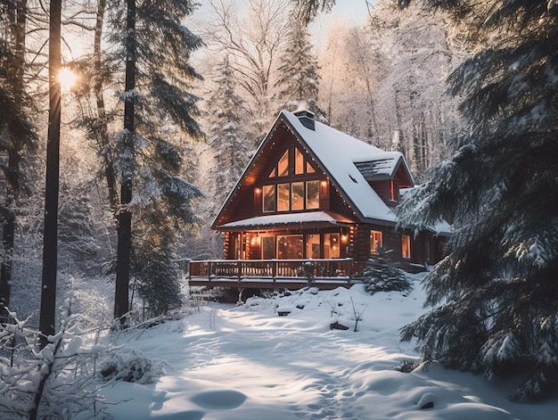 Cabina arrotolata nel bosco con la neve a terra generativa ai