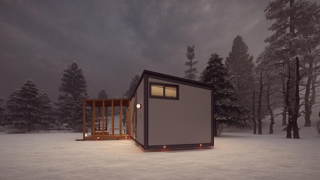 cabina di elevazione destra con rendering 3d di neve e nebbia