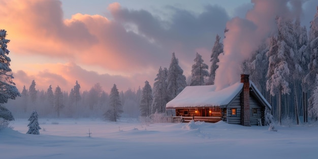 Cabina di legno isolata nella foresta innevata al crepuscolo splendente