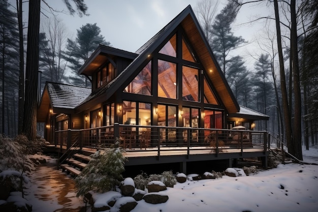 cabina in legno decorazione esterna vista invernale ispirazione desain