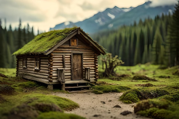 cabina in legno in miniatura nella foresta