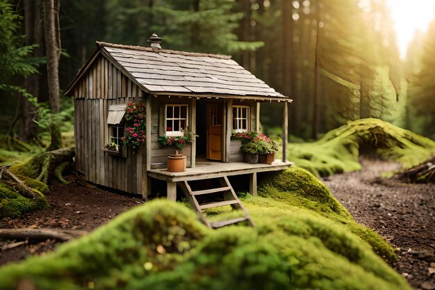 cabina in legno in miniatura nella foresta