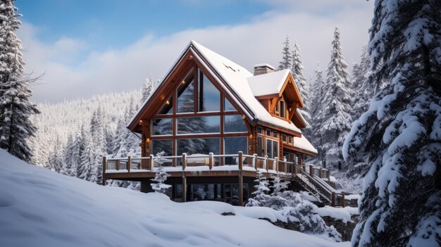 Cabina in mezzo a una foresta innevata