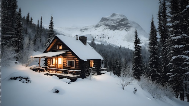 Cabina in montagna in un deserto innevato