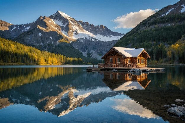 Cabina in montagna vicino a un lago calmo e riflettente al tramonto