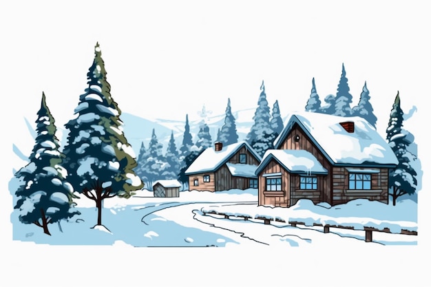 cabina innevata con alberi e neve a terra generativa ai