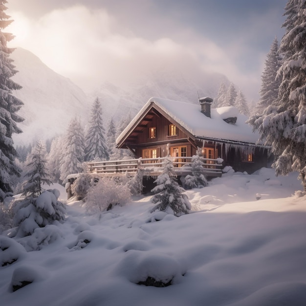 Cabina innevata in montagna con un ponte e un portico generativo ai