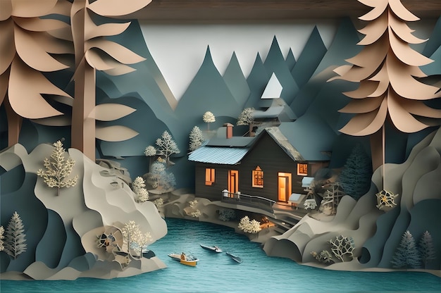 cabina nel bosco con stile artistico di carta fiume ai generato
