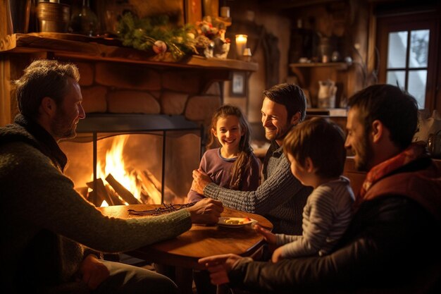 Cabina nelle Alpi svizzere Momenti familiari accoglienti accanto a un camino rustico in inverno