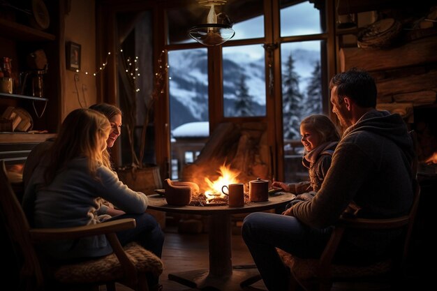 Cabina nelle Alpi svizzere Momenti familiari accoglienti accanto a un camino rustico in inverno