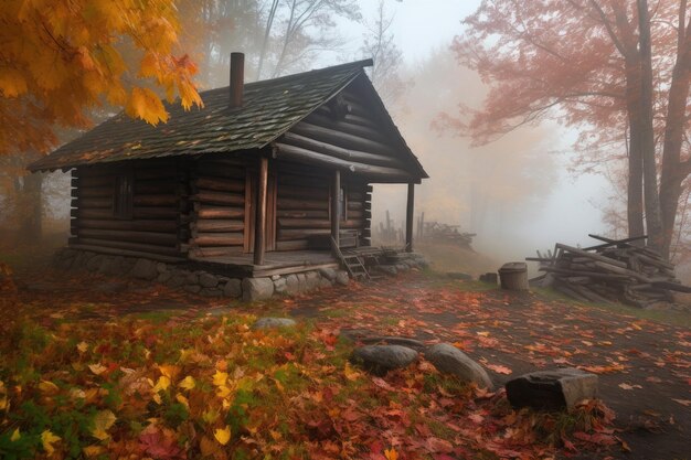 Cabina rustica circondata da nebbia e foglie autunnali sul terreno creata con intelligenza artificiale generativa