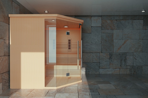 Cabina sauna finlandese a infrarossi classica in legno in primo piano estremo interno bagno. Rendering 3D