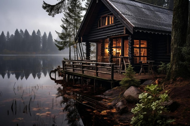 cabina su un lago nel bosco