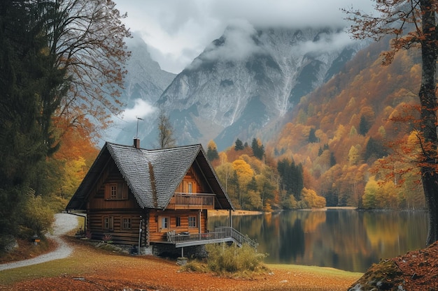 Cabina sul lago in un paesaggio di montagna d'autunno con AI generata