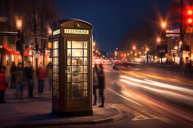 Cabina telefonica in una strada trafficata Fotografia a lunga esposizione