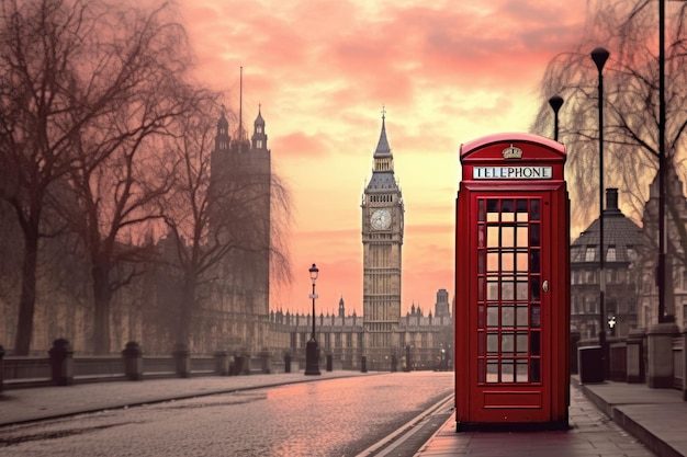 Cabina telefonica rossa con big ben sullo sfondo creata con intelligenza artificiale generativa