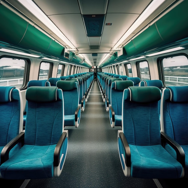 Cabina vuota di un moderno treno passeggeri Sedili blu vuoti all'interno del corridoio della cabina del treno Generative Ai