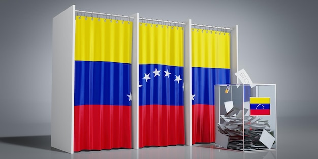 Cabine elettorali del Venezuela con bandiera del paese e illustrazione 3D delle urne