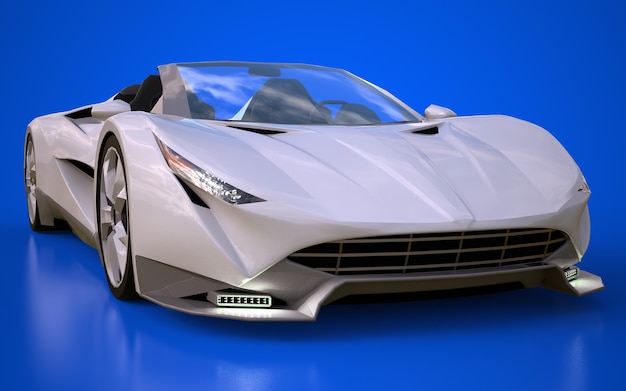 Cabriolet sportivo concettuale bianco per guidare in città e in pista su sfondo blu. rendering 3D.