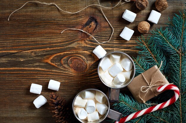 Cacao con cioccolato marshmallow e rami di abete rosso su fondo di legno