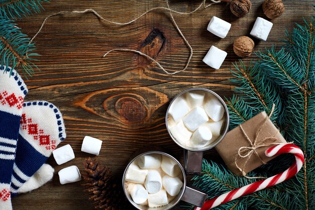 Cacao con cioccolato marshmallow e rami di abete rosso su fondo di legno