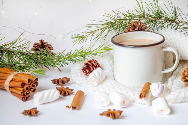 Cacao di Natale con marshmallow. nuova vacanza. Messa a fuoco selettiva.cibo
