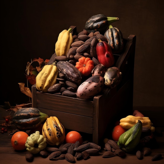 Cacao fresco in cassa di legno