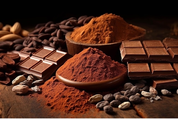 Cacao in polvere barrette di cioccolato e chicchi di caffè su fondo di legno