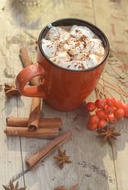 Cacao o tazza di caffè con gustosi marshmallow, ramo di abete, bacche di sorbo rosso