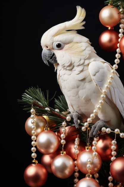 Cacatua di Natale appollaiato su un ramo natalizio decorato isolato su sfondo bianco