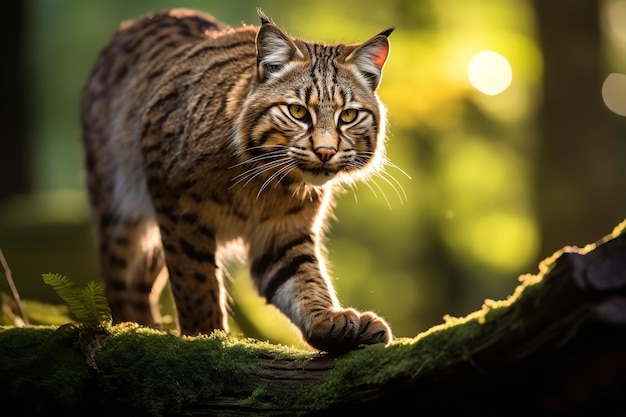 Caccia al gatto selvatico nella luce della foresta screziata