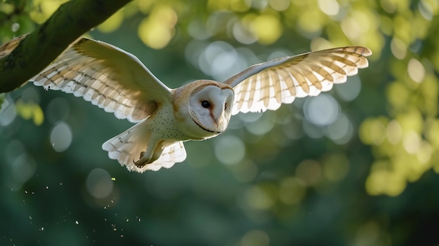 Caccia Barn Owl in volo Scena selvaggia dalla foresta selvaggia Uccello volante tito alba Generative Ai