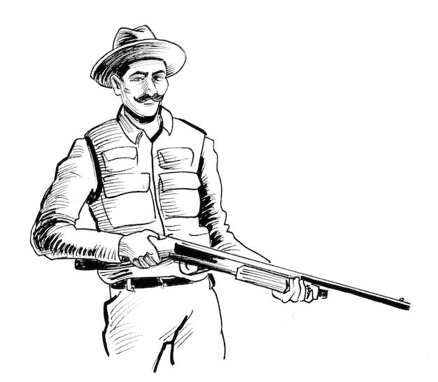 Cacciatore con un fucile. Disegno a inchiostro in bianco e nero