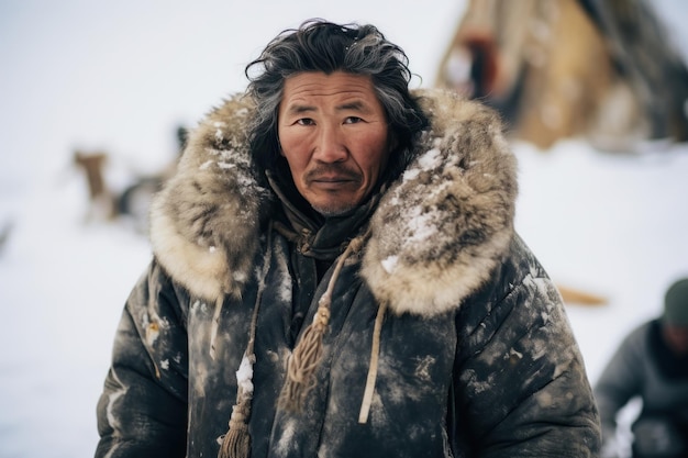 Cacciatore inuit in abito di pelliccia con sfondo innevato