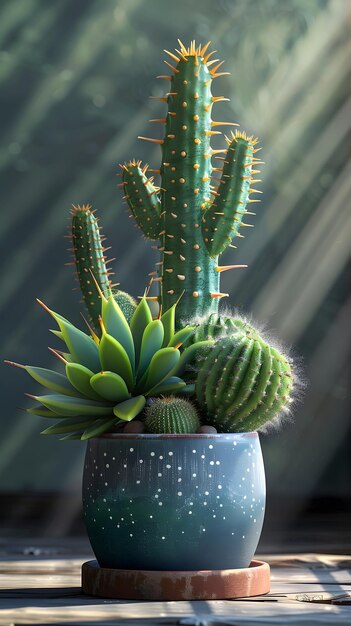 Cactus blu elettrico in vaso su un tavolo di legno con spine