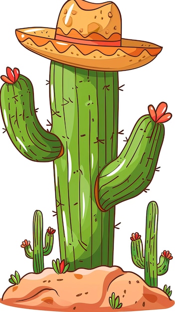 Cactus con cappello sombrero in cima alla collina del deserto nello stile di una clipart di illustrazione vettoriale di cartoni animati